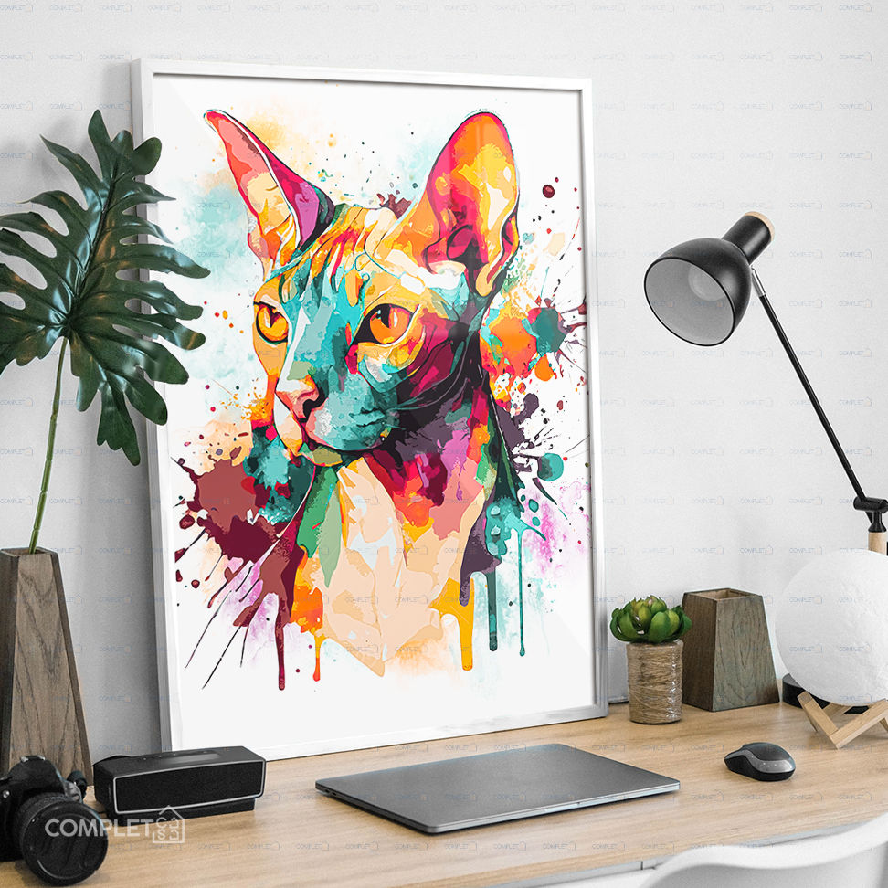 Miniatura: Quadro Gato Sphynx Pintura Aquarela Colorida