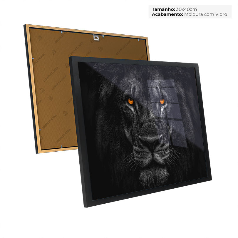Miniatura: Quadro Leão Majestoso em Fundo Preto Com Olhos Laranja Poderoso Rei da Selva