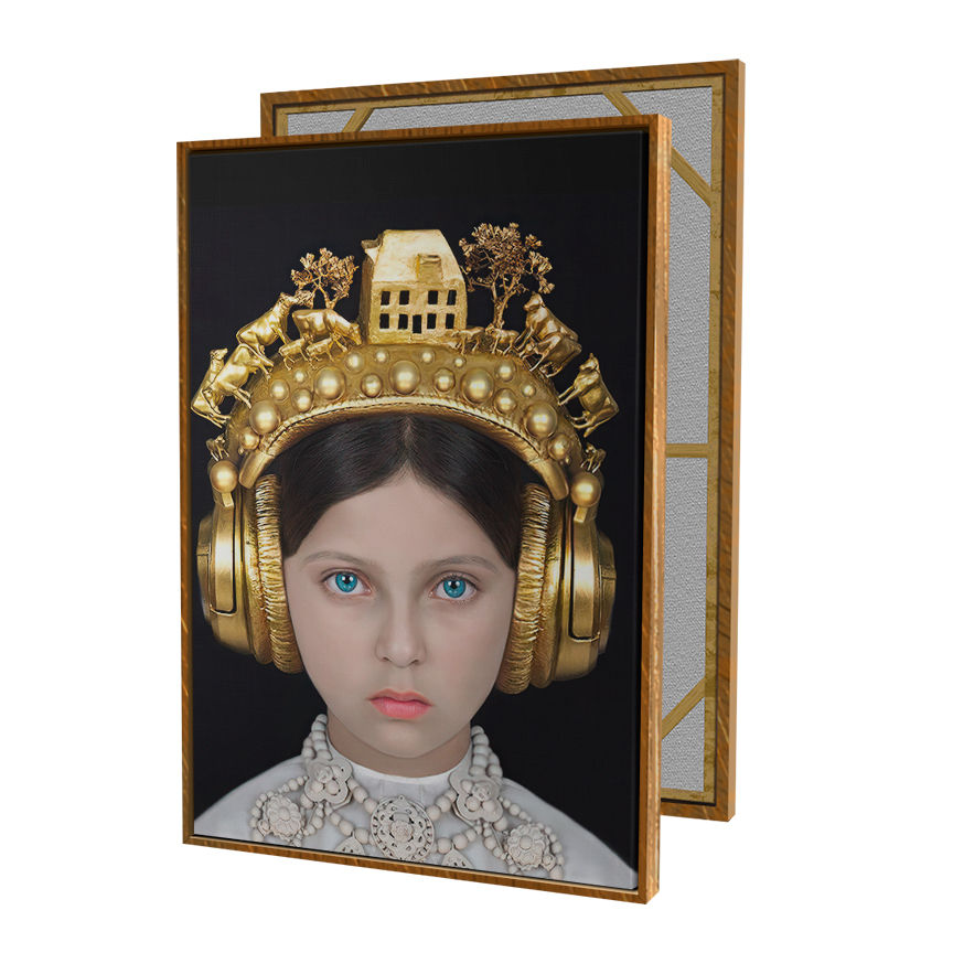 Miniatura: Quadro Menina 6 Olhos Azuis Fones Dourados
