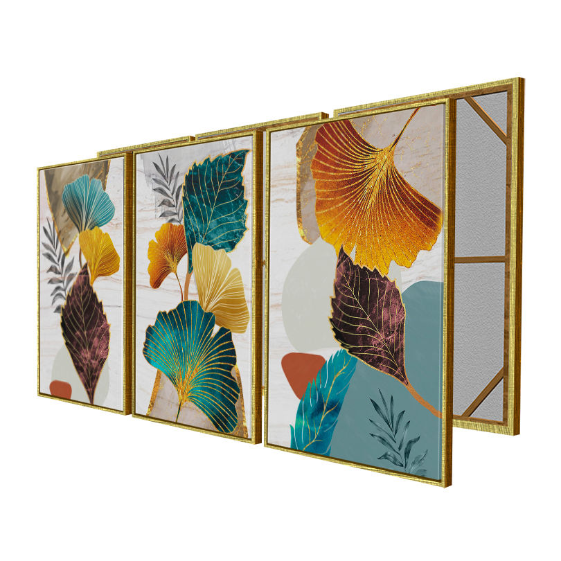 Miniatura: Quadros Folhas Abstratas de Ginkgo Biloba Douradas e Azul
