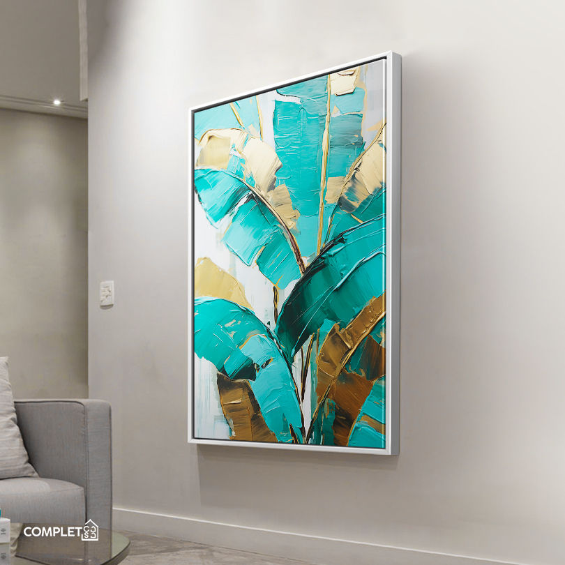 Miniatura: Quadro Folhas de Bananeira Abstrata Tiffany e Dourada