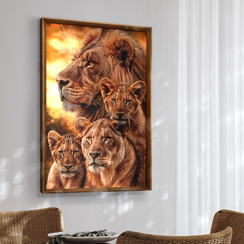 Miniatura: Quadro Família de leões 2 Filhotes Por do Sol