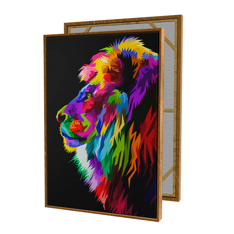 Miniatura: Quadro Leão Formas Geométricas Colorida Fundo Preto