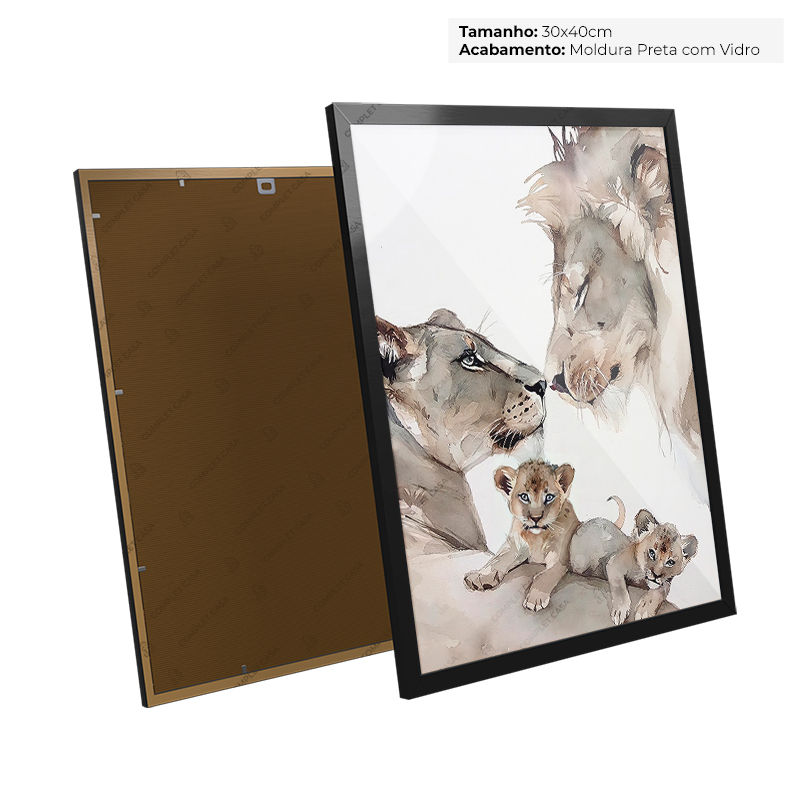 Miniatura: Quadro Pintura Aquarela Casal Leão e Leoa Com Filhotes