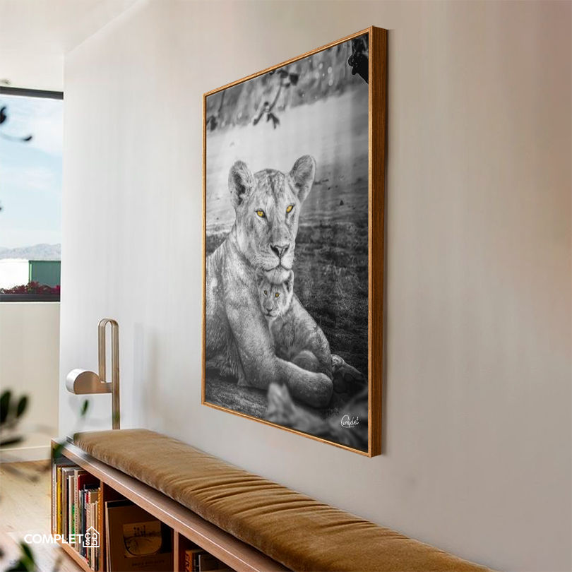 Miniatura: Quadro Leoa e Seus Filhotes Savana Preto e Branco