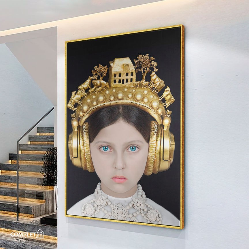 Miniatura: Quadro Menina 6 Olhos Azuis Fones Dourados