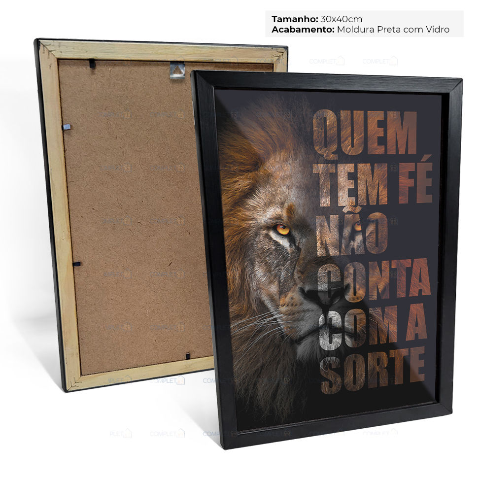 Miniatura: Quadro Leão Motivacional Quem tem fé não conta com a sorte