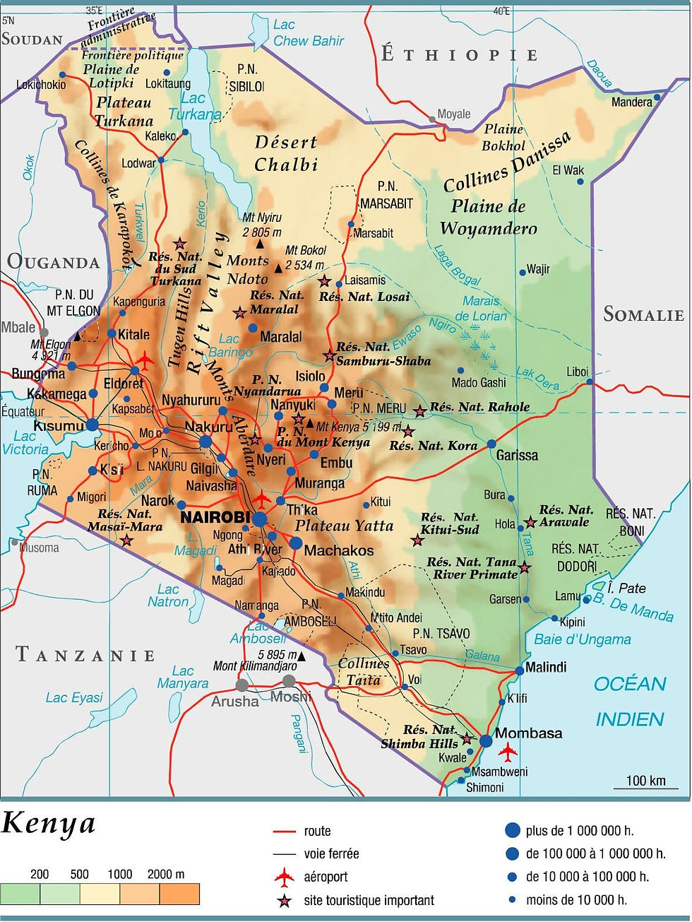 Carte Larousse du territoire du Kenya avec la légende des villes, routes, population...