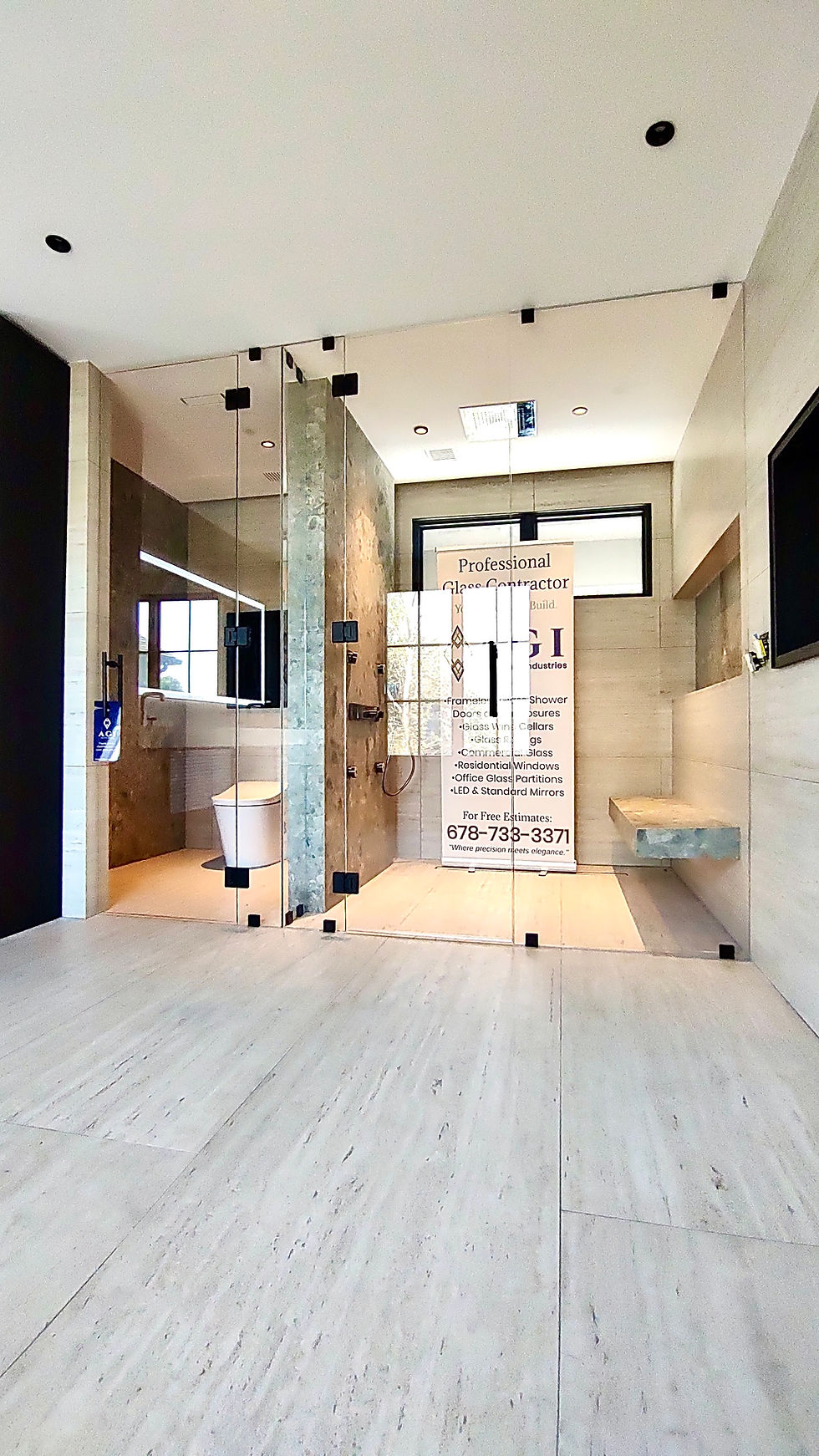 Completed shower installation, wide finished view