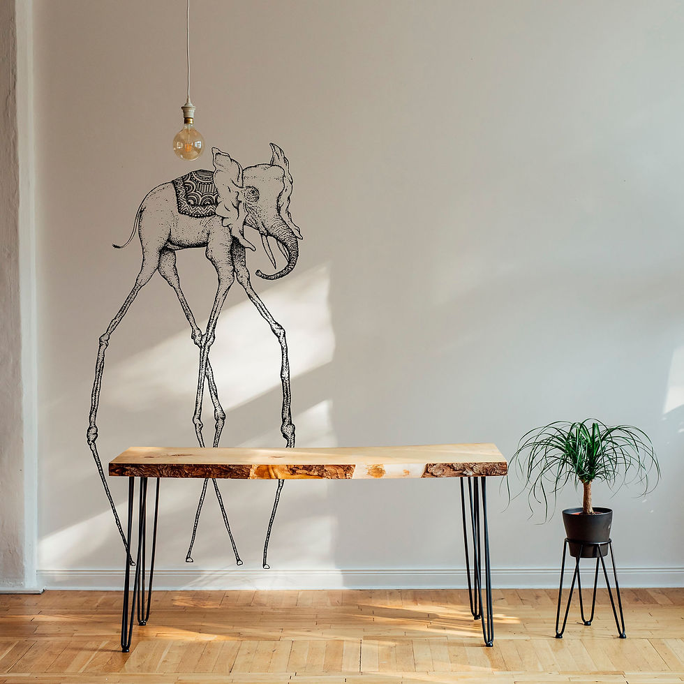 Arte mural residencial inspirada em elefante de Salvador Dalí na técninca de pontilhismo