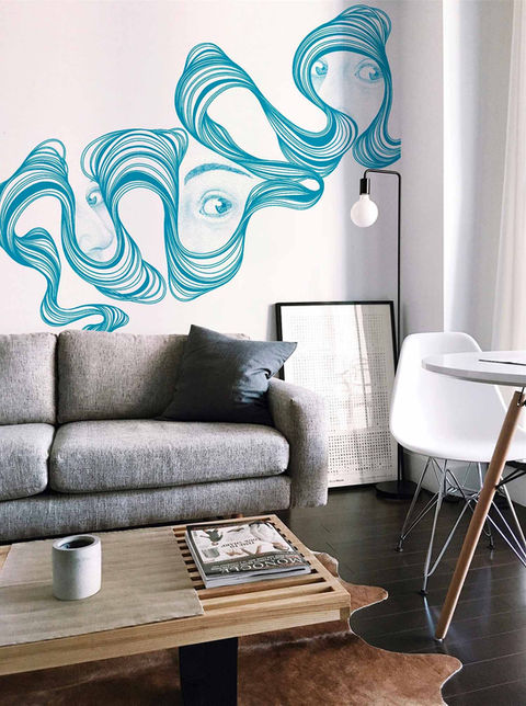 Arte mural personalizada em sala residencial nas técnicas de pontilhismo e Line-art.