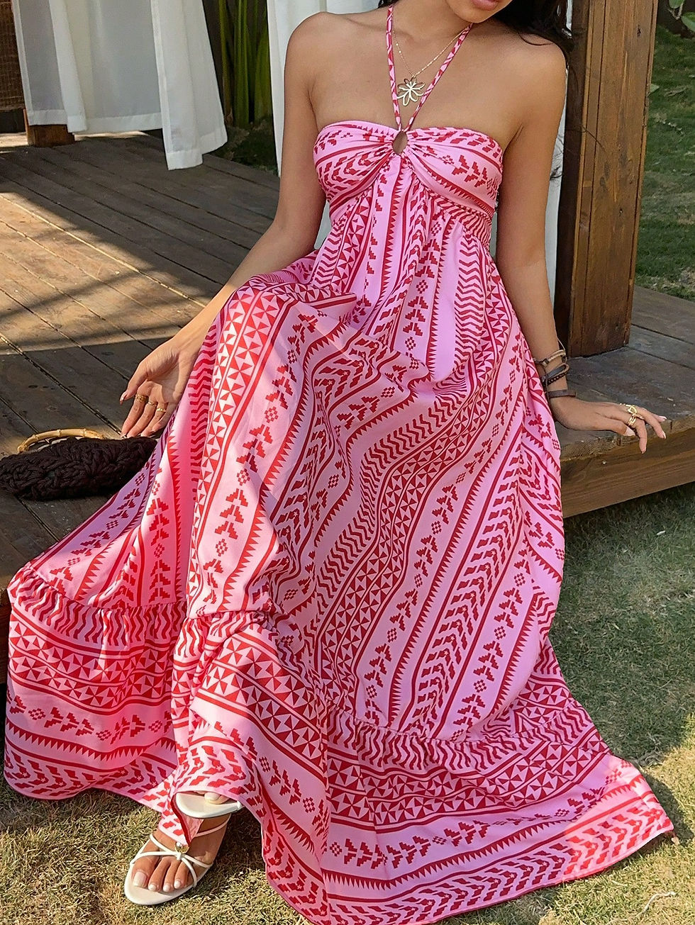 Thumbnail: Sunnyshic Women's Pink Halter Tie Dress, Fashionable Elegant Romantic Bohemian 