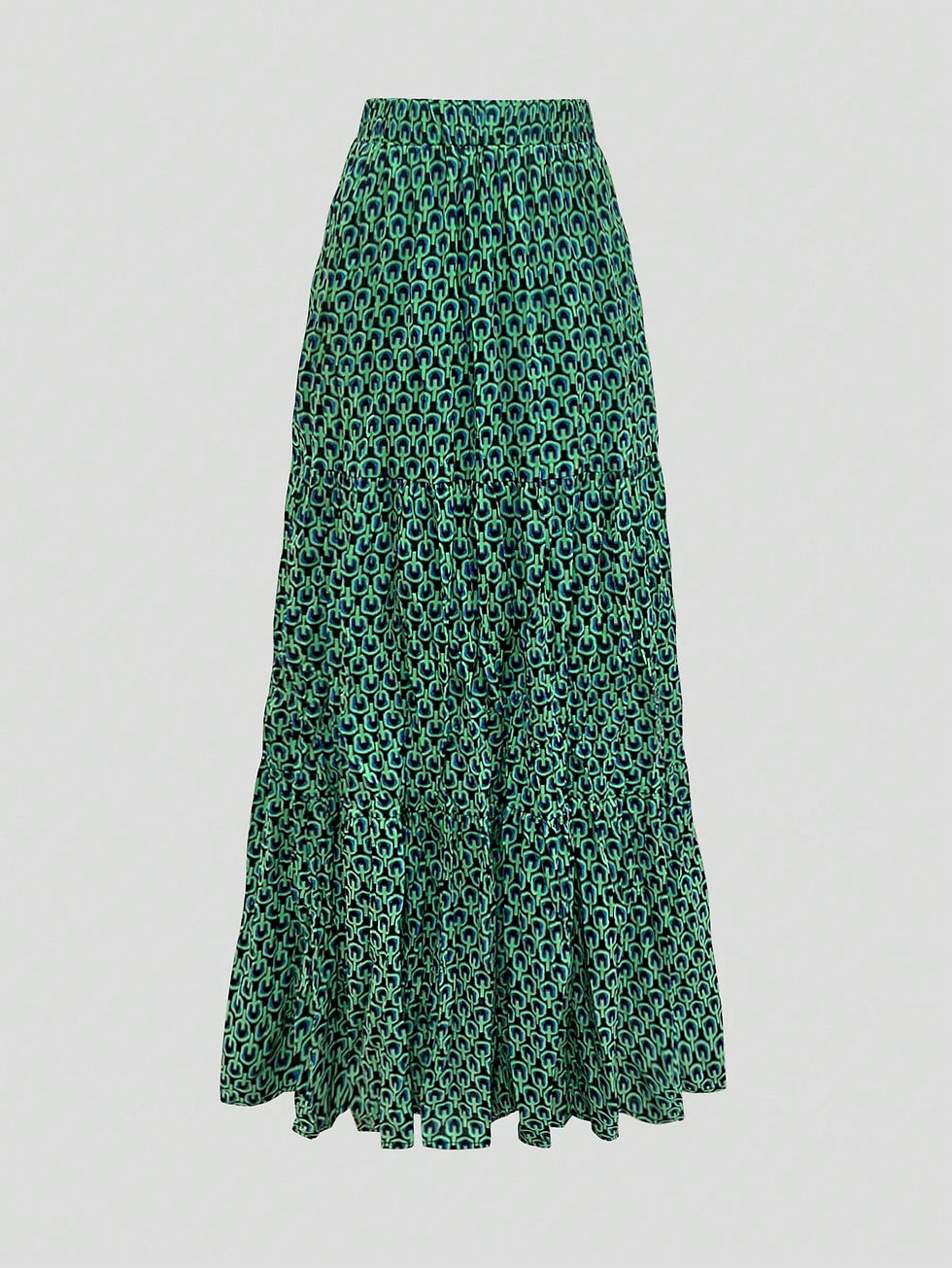Thumbnail: EARO Women's Long Bohemian Style Skirt, Green Geometric Print, Elastic Waist, N