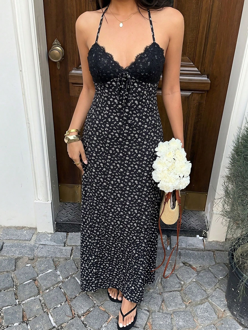 Thumbnail: Sunnyshic Women's Long Black Floral Dress With Lace Trim,V-Neck,Halter Neck,Ope