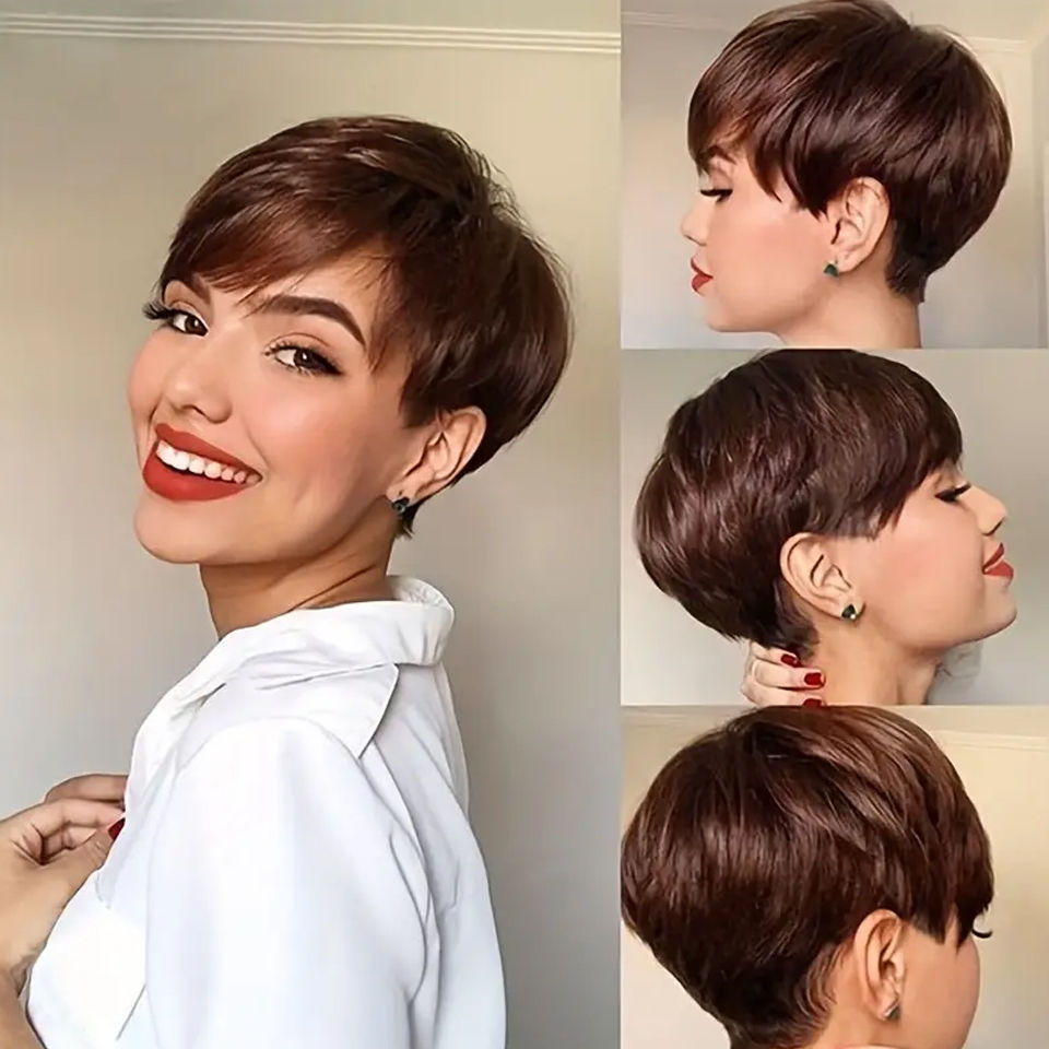 Women Pixie Short Cut Colored Straight Human Hair Wigs with Bangs Fringe