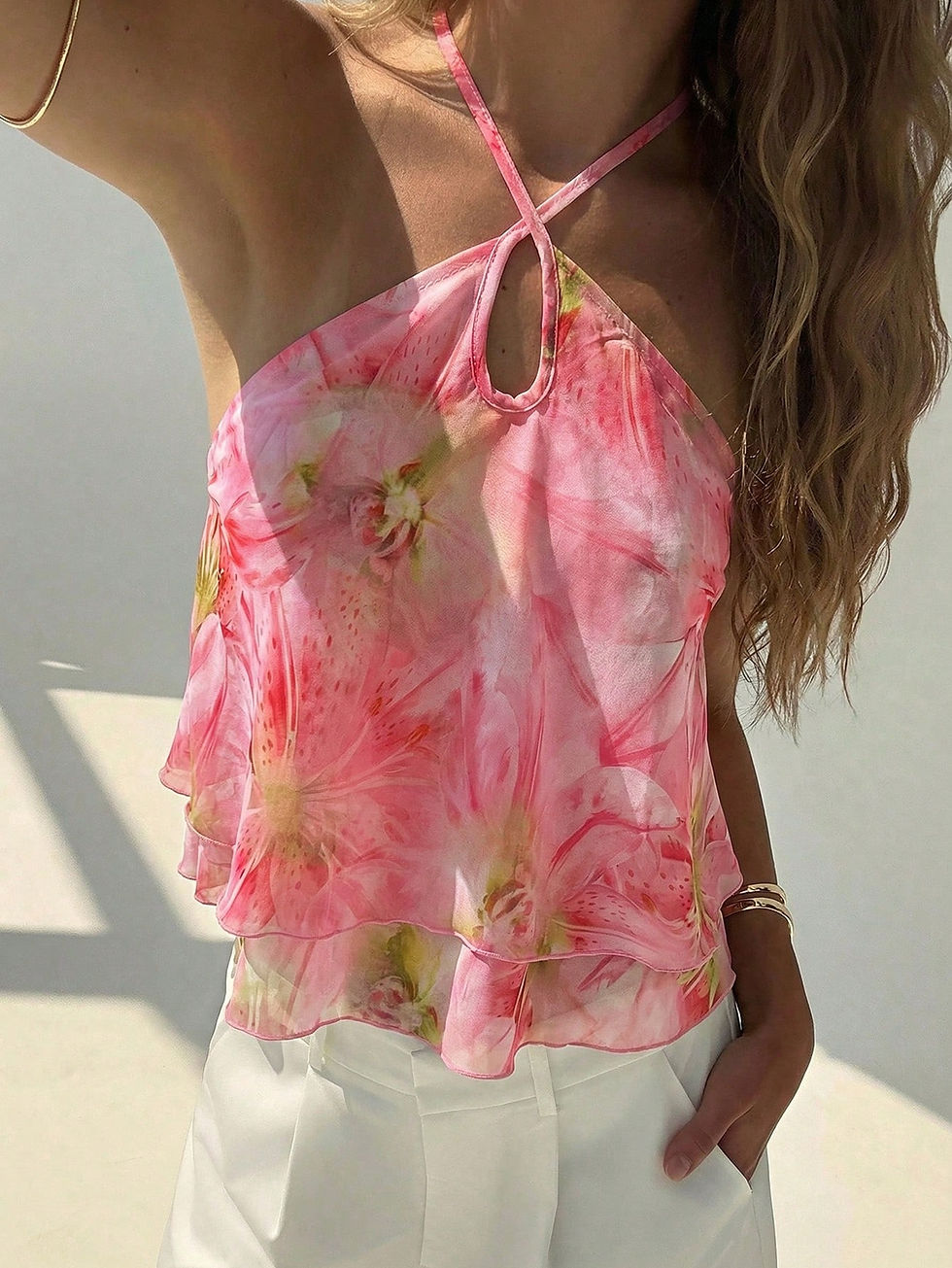 Thumbnail: Aloruh Women's Pink Floral Summer Boho Beach Holiday Holiday Elegant Chiffon Bl