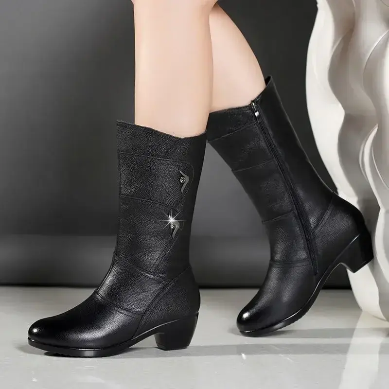 Thumbnail:  Middle Boots Winter Women's Korean Style Low Heel Solid Color Fleece Warm Plus