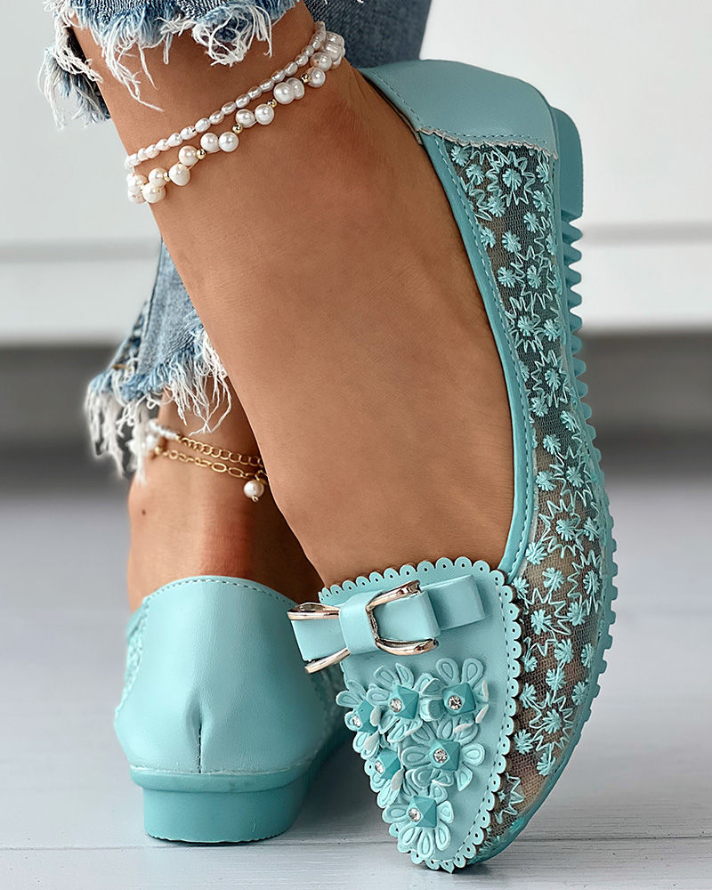 Thumbnail: Women Summer Breathable Solid Color Vulcanized Shoes Floral Embroidery Bowknot 