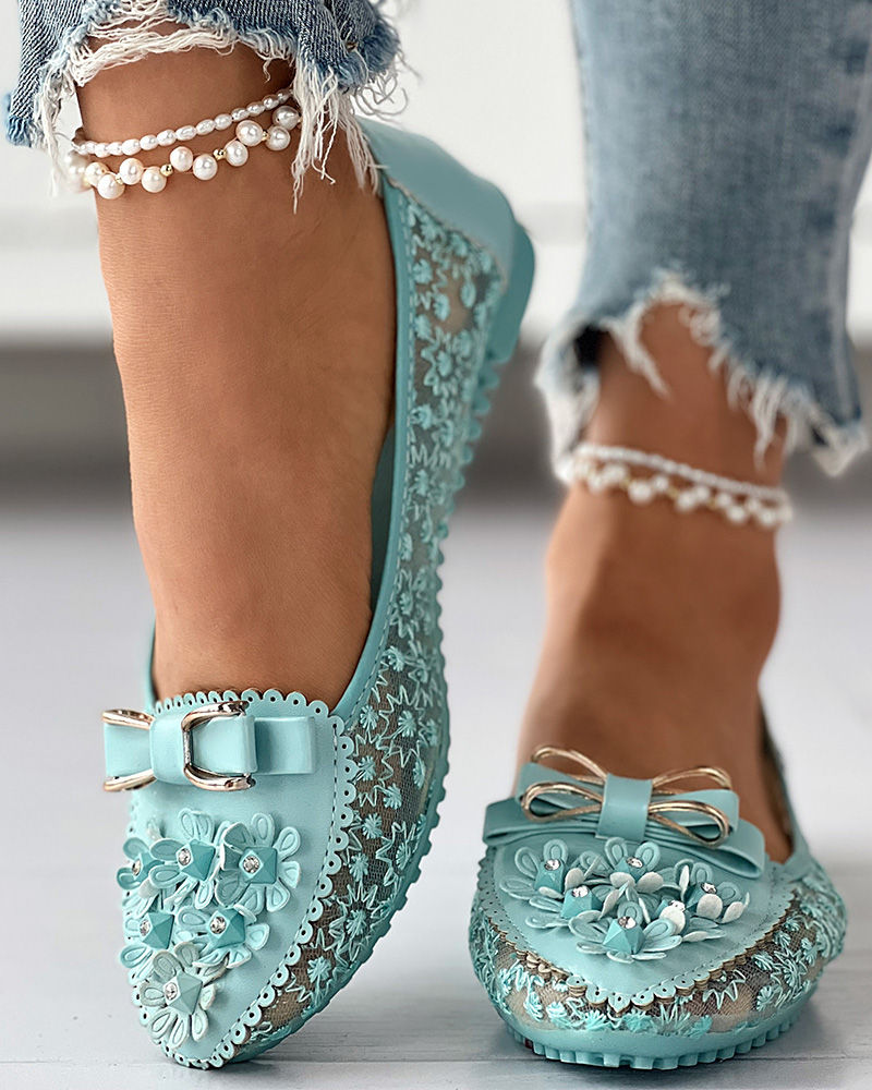 Thumbnail: Women Summer Breathable Solid Color Vulcanized Shoes Floral Embroidery Bowknot 