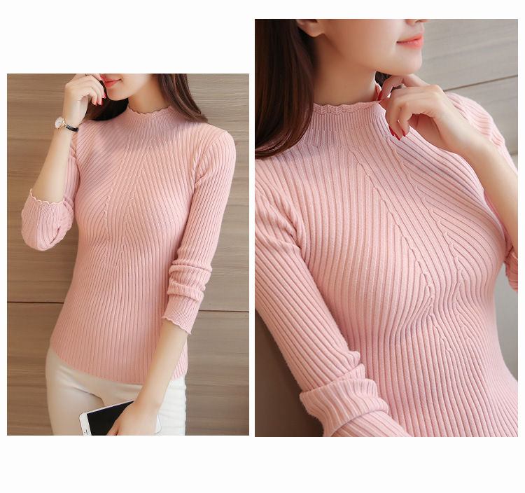 Thumbnail:  Women Autumn Winter Mock Neck Ruffles Sweater Long Sleeve Knitted Bottoming So