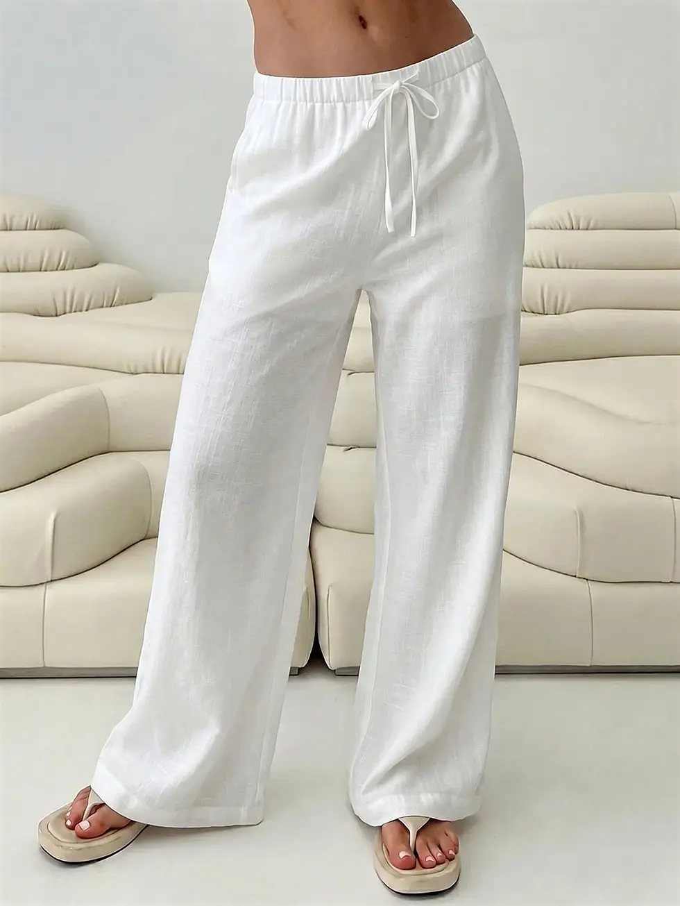 Thumbnail: Women'sLinen Drawstring Wide Leg Long Pants, Lined Non-See-Through Summer Long 
