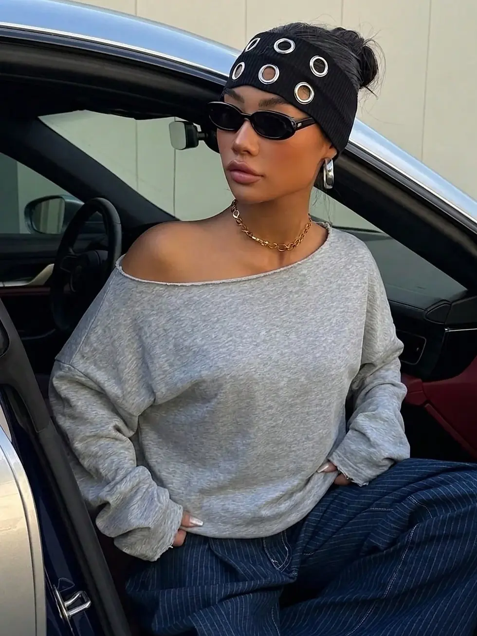 Thumbnail: EZwear Women's Casual Light Grey Off-Shoulder Loose Fit Long Sleeve Sweatshirt,