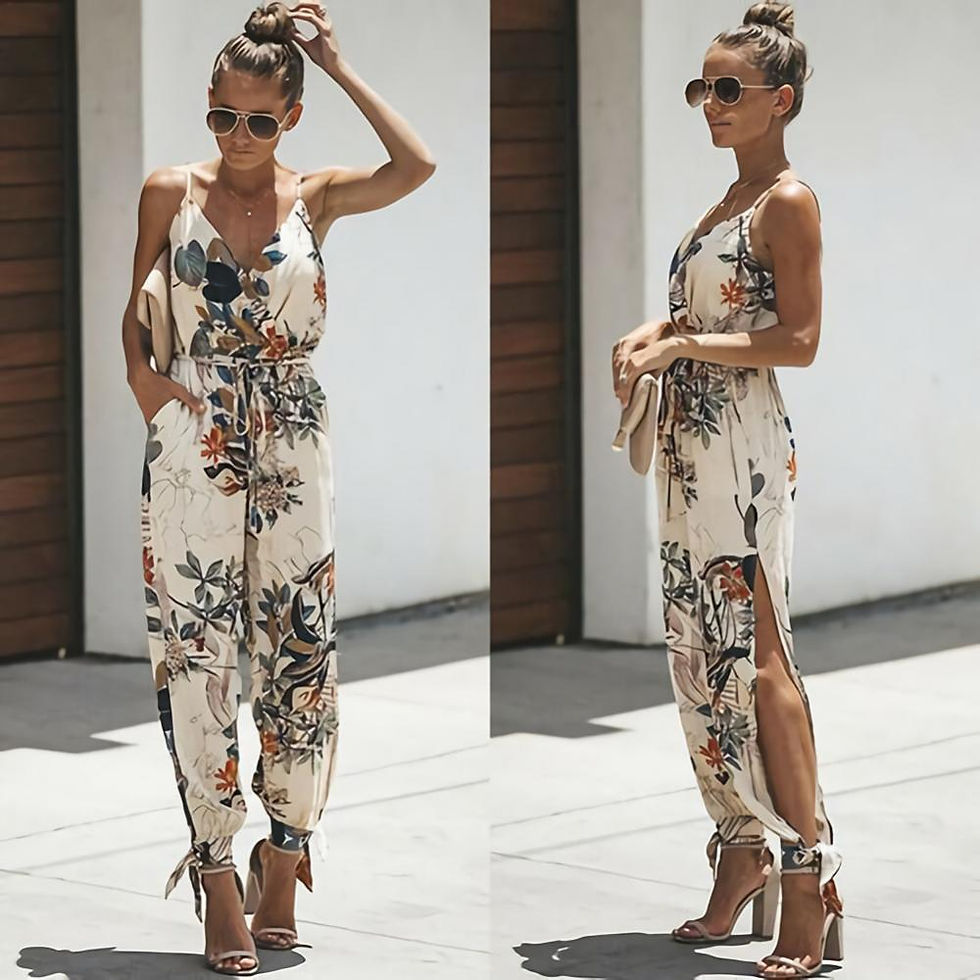 Thumbnail: Women Summer Backless Casual Deep-V Floral Print Strappy Jumpsuits 