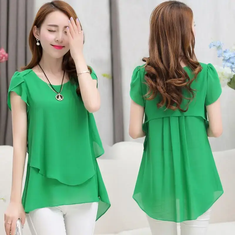 Women Short Sleeve Chiffon Ruffle Blouse Peplum Summer Tops Long Office Shirts