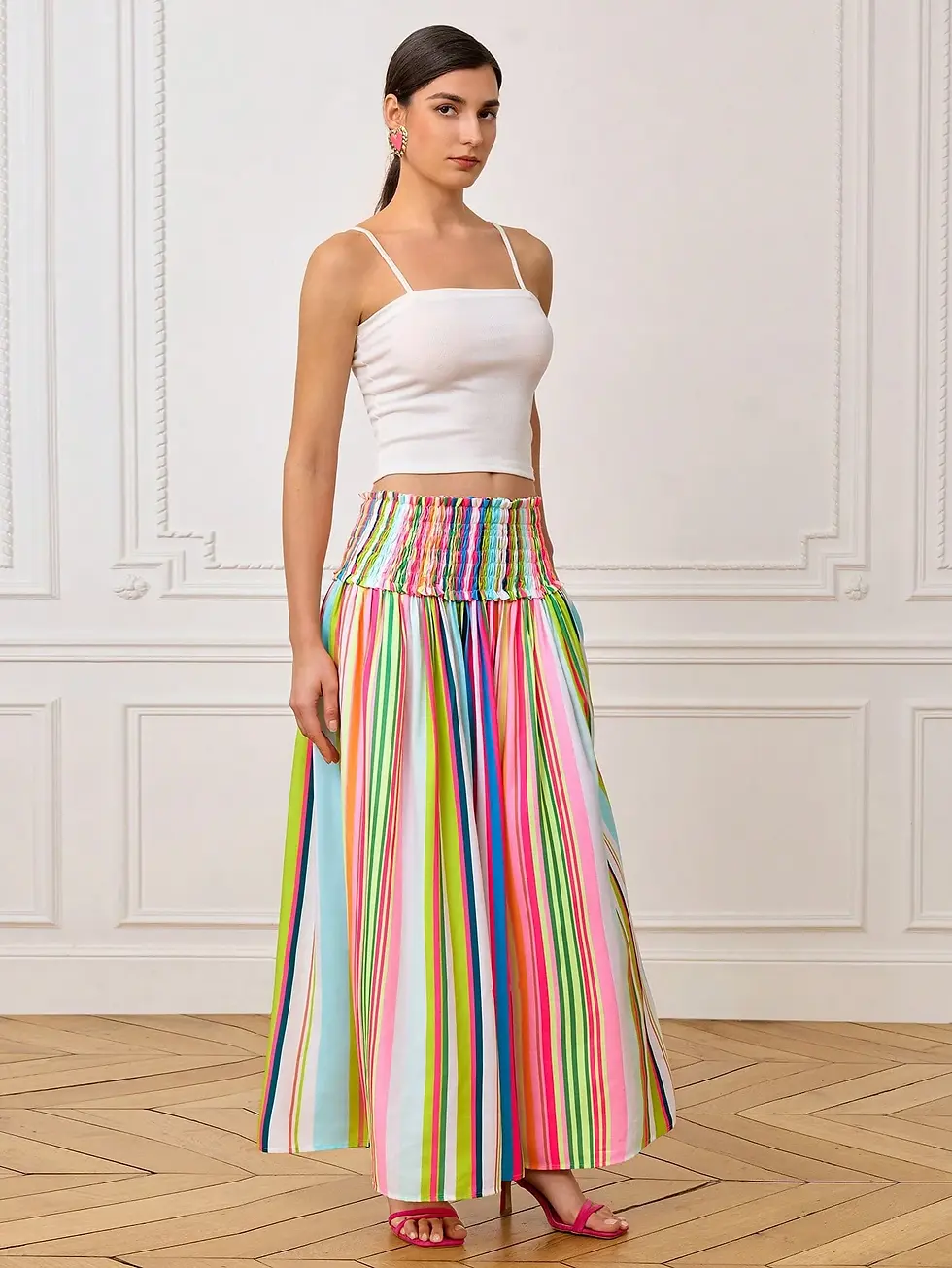 Thumbnail: LOTSLUV Women's Elegant Casual Spring/Summer Colorful Striped Waist Ruched A-Li