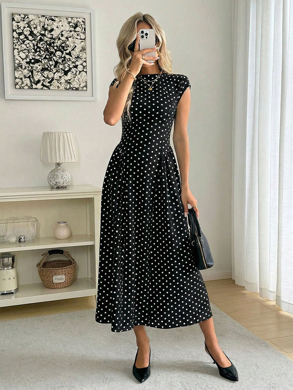 Thumbnail: Easowa Women's Polka Dot Pattern Round Neck Cap Sleeve Elegant Mid-Length Dress