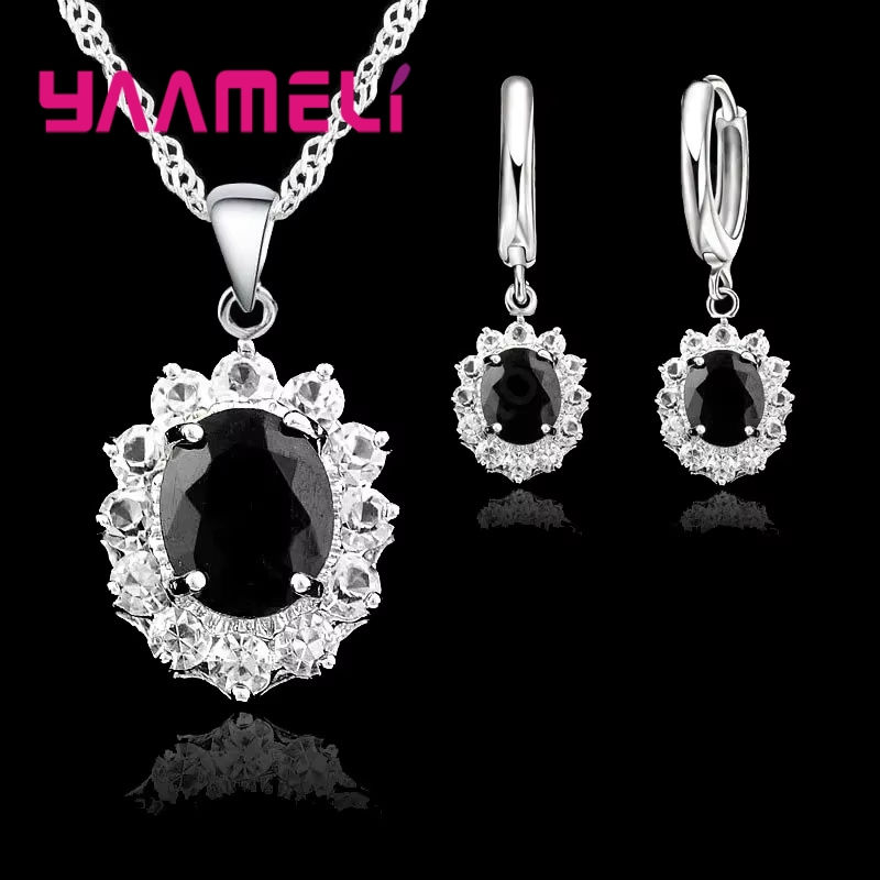 Thumbnail: Elegant Princess Wedding Engagement Necklace Earrings Jewelry Sets 925 Sterling