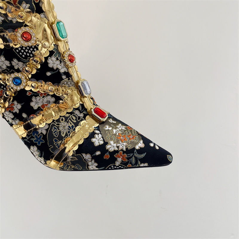 Thumbnail:  Runway Fashion Color Gem Knee High Boots Women Handwork Embroider Pointed Toe 