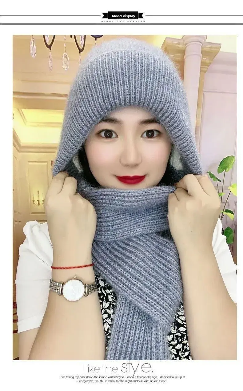 Thumbnail: Fleece Lined Cycling Beanie Scarf Set Women Thermal Windproof Knit Cap Snow Hood