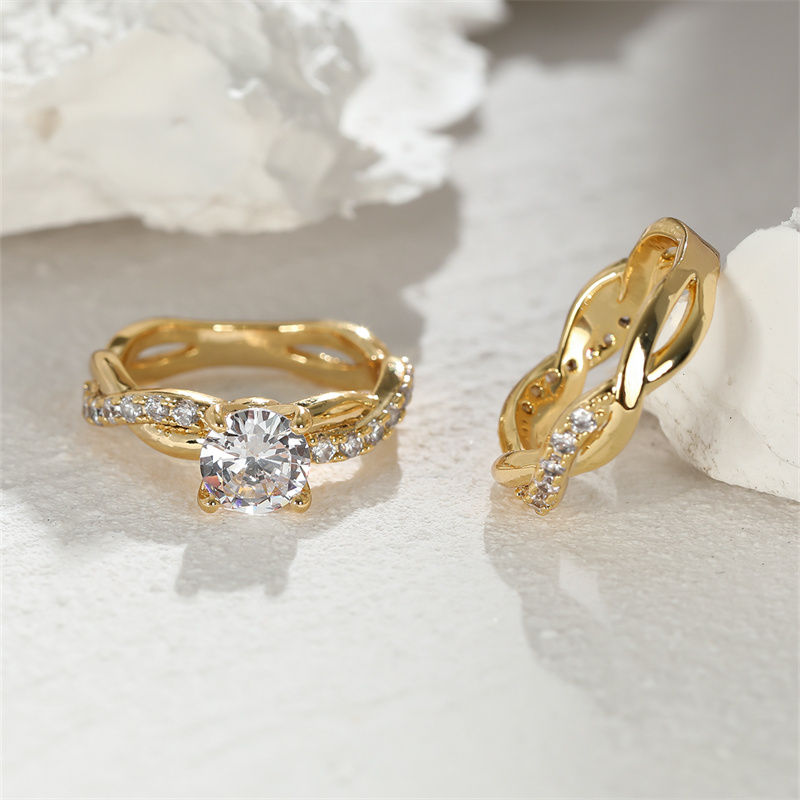 Thumbnail: Women Round Zircon Bridal Sets Silver Gold Color White Crystal Stone Crossed