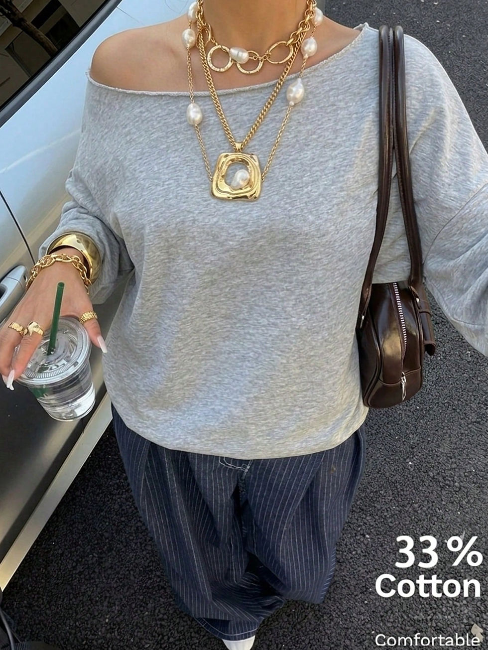 Thumbnail: EZwear Women's Casual Light Grey Off-Shoulder Loose Fit Long Sleeve Sweat