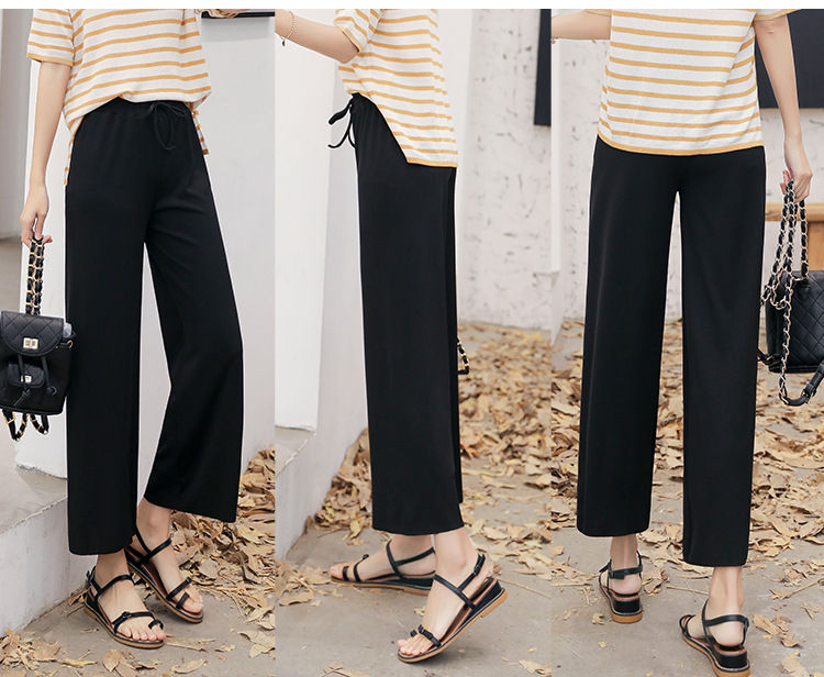 Thumbnail: Women Ankle-Length Wide Leg Pants Casual Summer Spring Solid Elastic Waist Loos