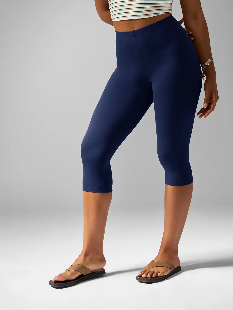 Thumbnail: MISSGUIDED Women's Navy Capri Leggings High Waisted Stretchy Comfort Fit Croppe