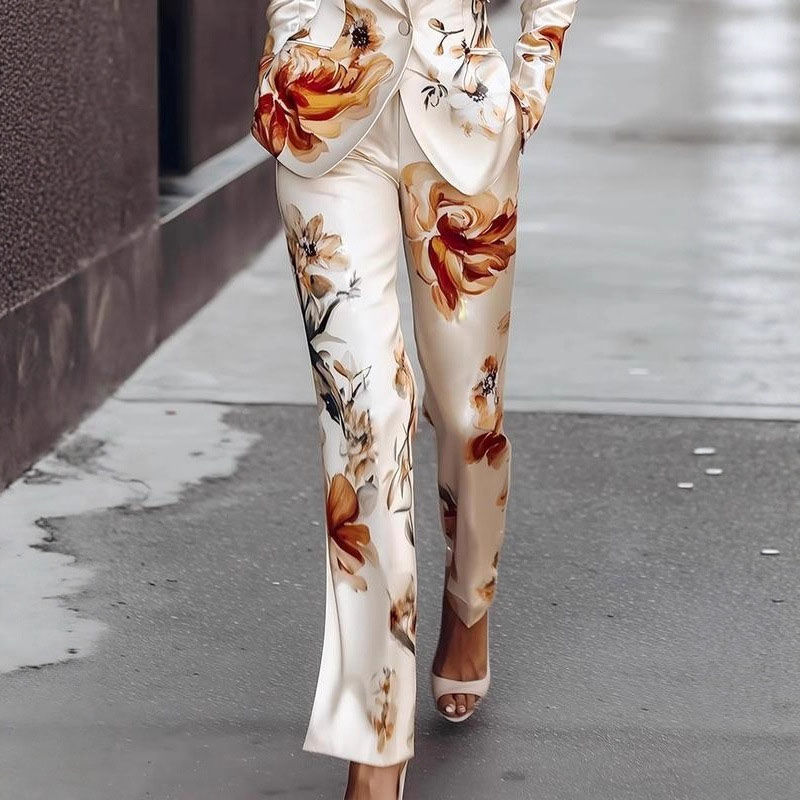 Thumbnail: Fashion Lapel Collar Blazer Coats & Long Pant Suits Women's Elegant Flower Prin