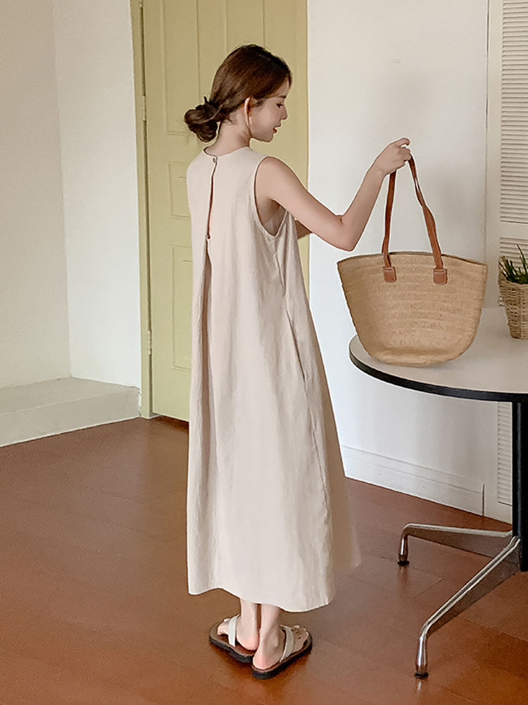 Thumbnail: Women Summer Korea Long Dress Loose Plus Size Solid Sleeveless Backless 4-LXL