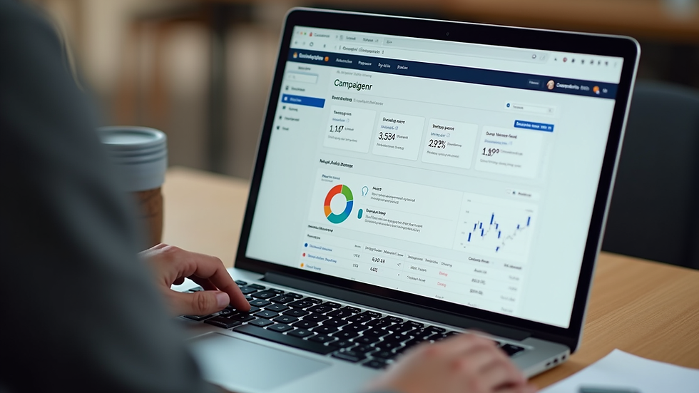 High angle view of a laptop showing Meta Ads Manager dashboard with campaign data