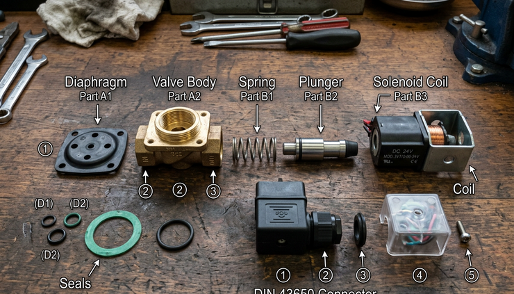 Exploded view of solenoid valve parts arranged on a workbench