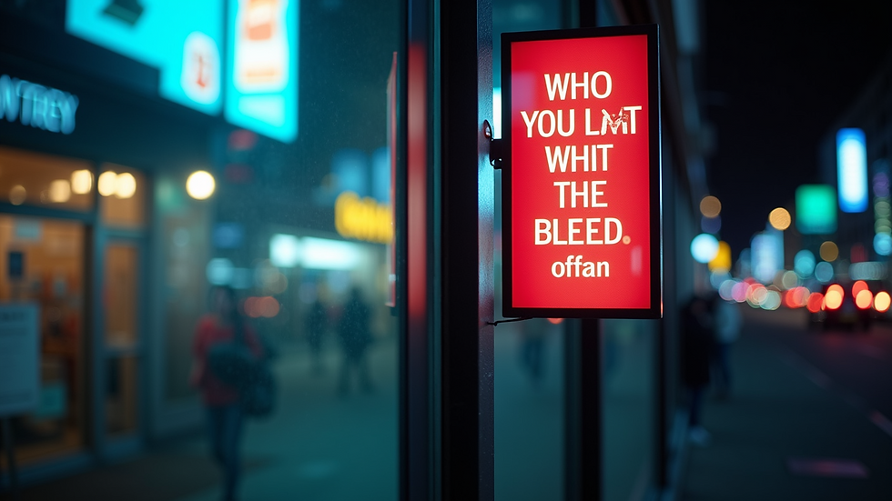 Close-up view of an LED sign displaying promotional content