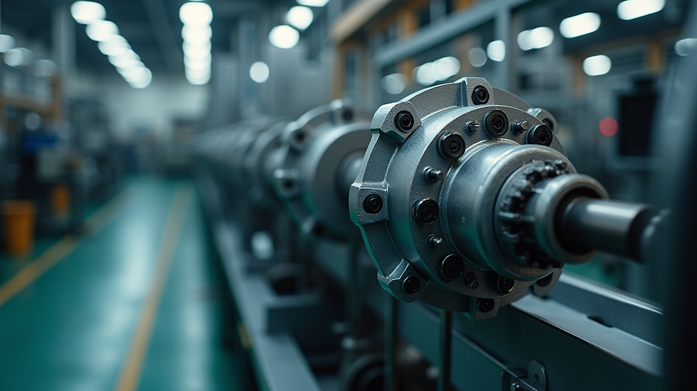 Eye-level view of hydraulic system components in factory setting