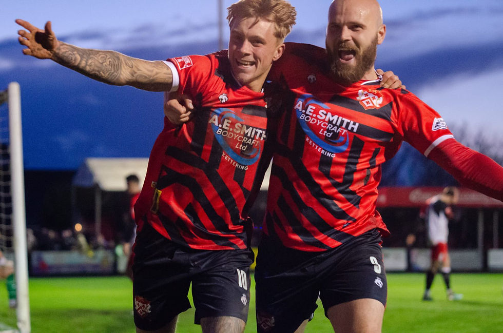 James Clifton (right) celebrating one of Kettering's goals at the weekend with Ed Panter | 📸 Mark Hope