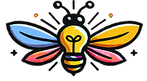 Bee N Spired logo featuring a creative bee with wings in shades of blue, pink, and yellow, with a glowing lightbulb