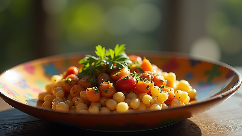 Close-up view of a traditional Brazilian dish served on a colorful plate