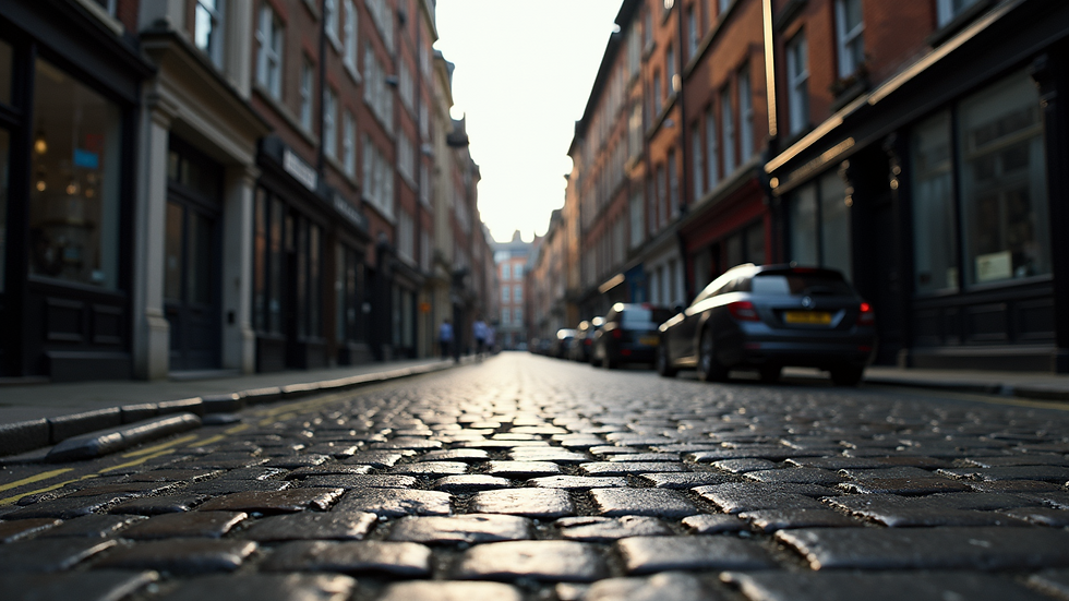 Eye-level view of a cobblestone street in Victorian London