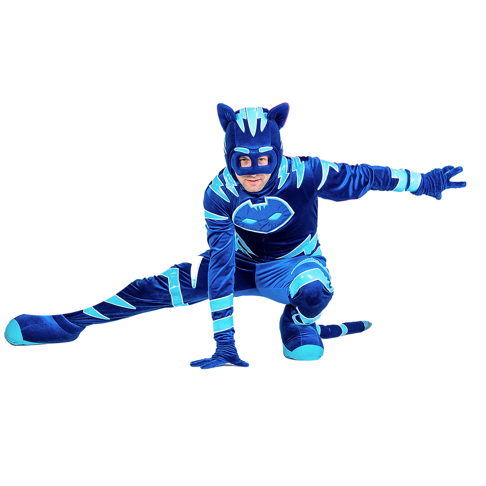 Catboy, the blue-suited PJ Masks hero, brings night-time adventure to kids’ parties with playful agility and friendly charm.