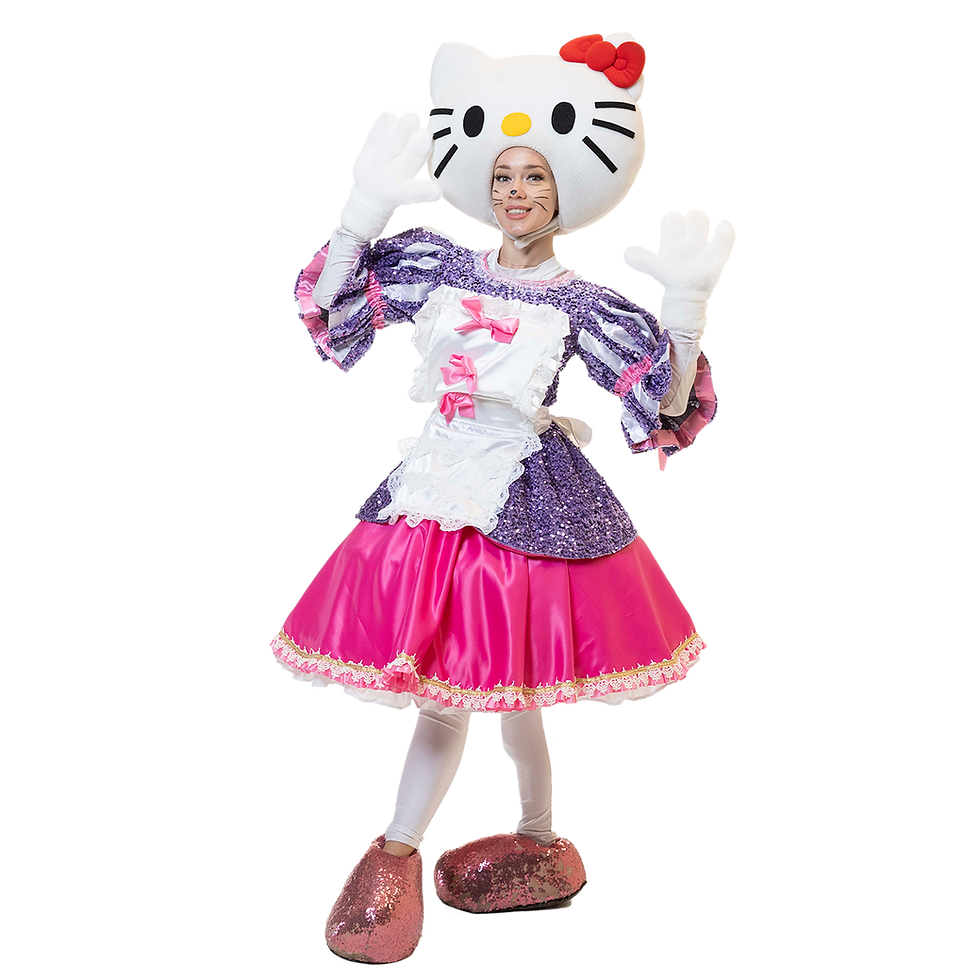 Cute Hello Kitty party character in a sparkly purple-and-pink outfit, greeting kids, leading photos, easy dances, and sweet games.