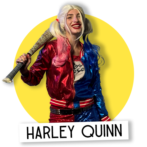 Harley Quinn, in her signature red and blue outfit, with playful energy, is perfect for thrilling birthday events.